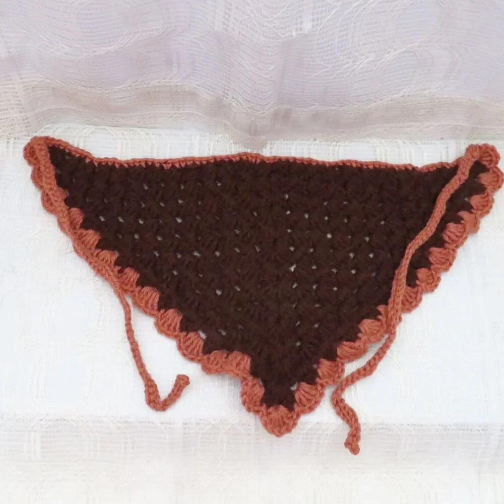 Handmade Crocheted Bandana Women Brown with Caramel Trim Boho Hippie Ruffle Edge
